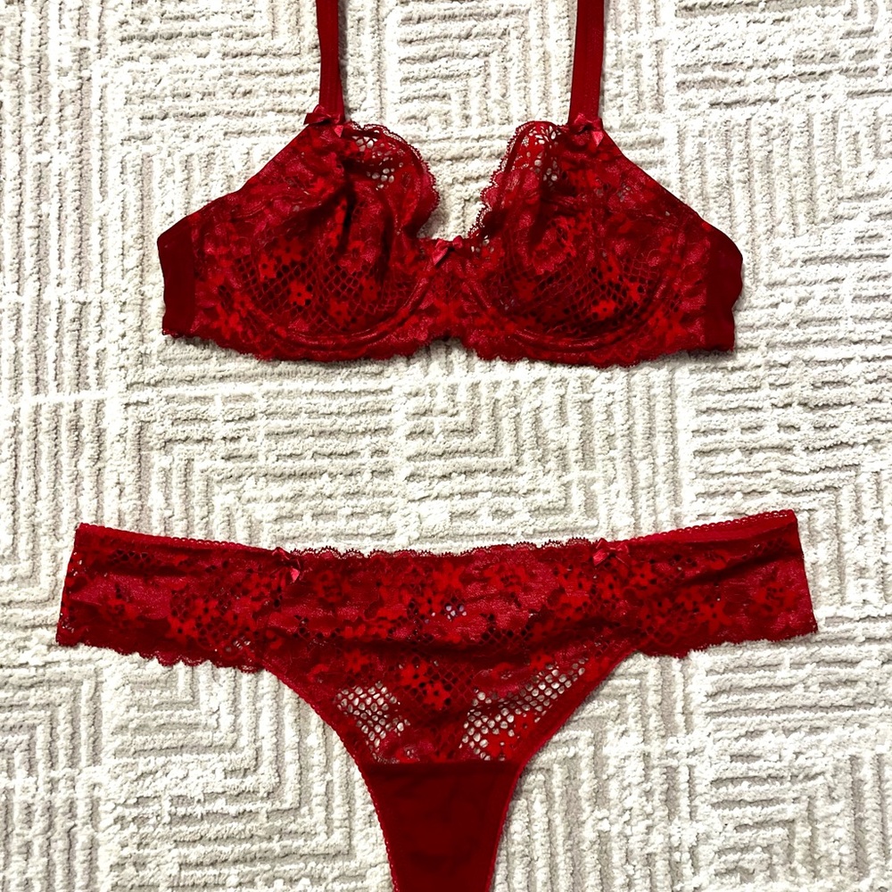 Like New: Adore Me Ruby Red Lace Bra Set (#3)